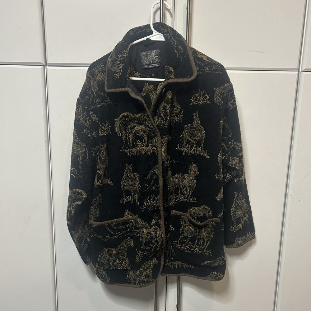 Vintage Tsunami Fleece Jacket Womens Large Black Tan Horse Tapestry Made Canada